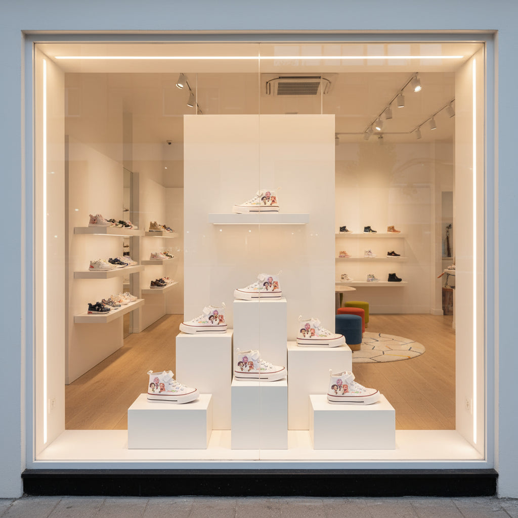 KPop Demon Hunters kids sneakers displayed in a shoe store window