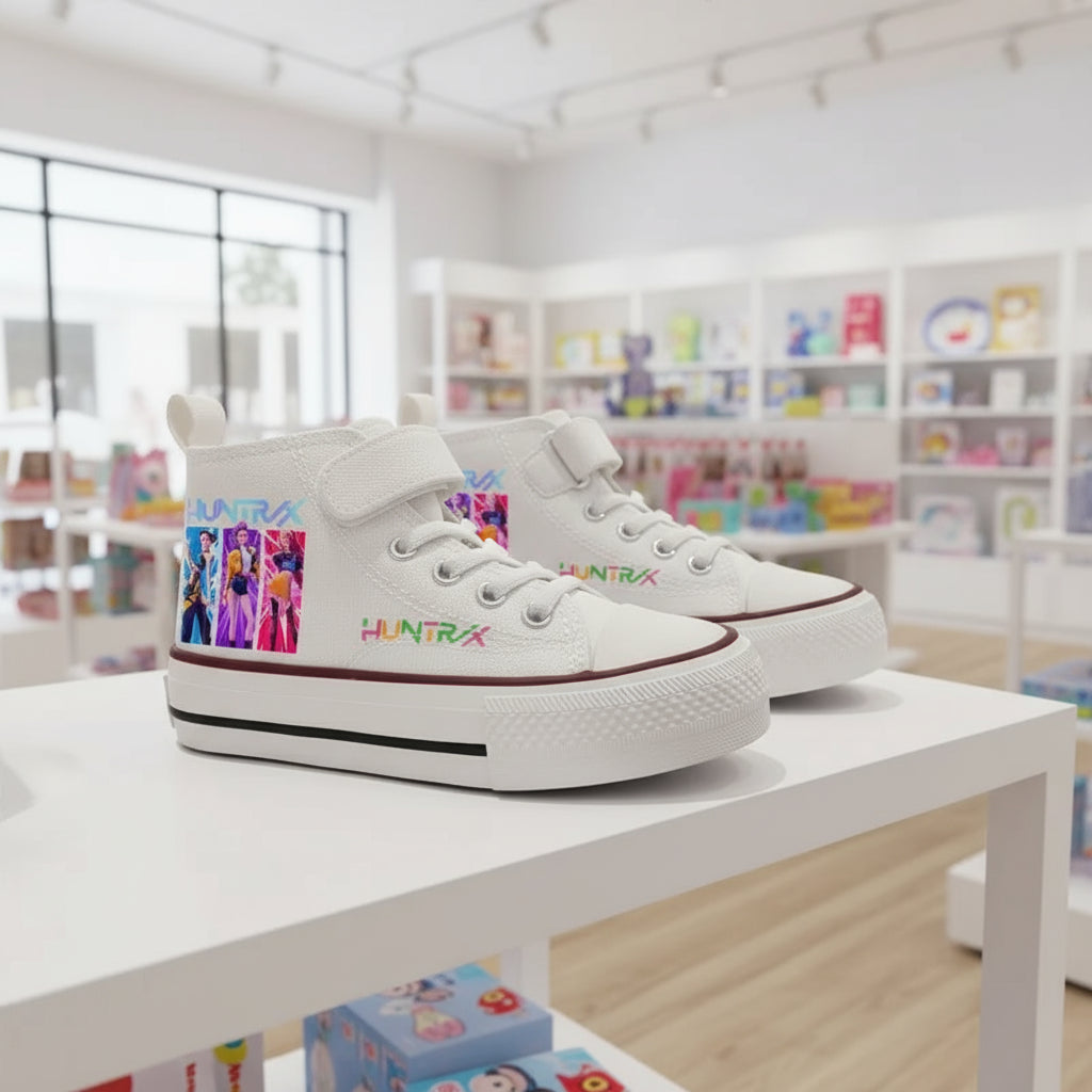 White KPop Demon Hunters kids sneakers with Huntrix print