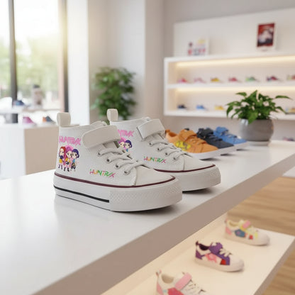 White KPop Demon Hunters canvas sneakers with character print