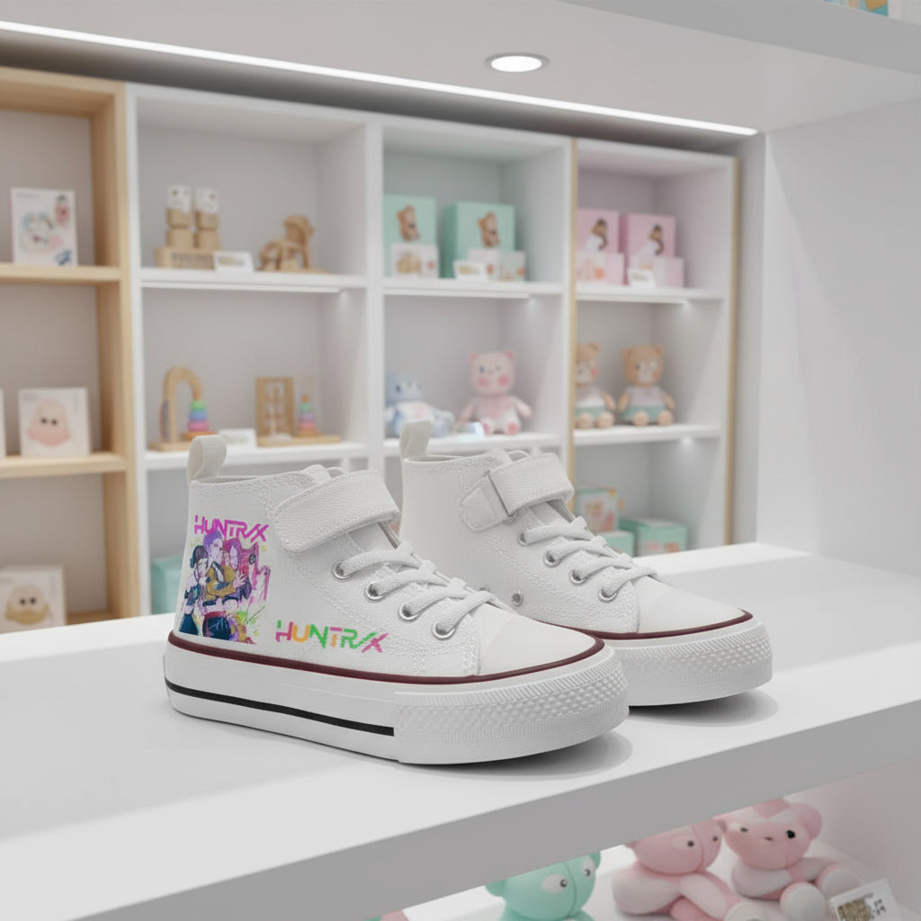 White KPop Demon Hunters high-top canvas sneakers for boys and girls