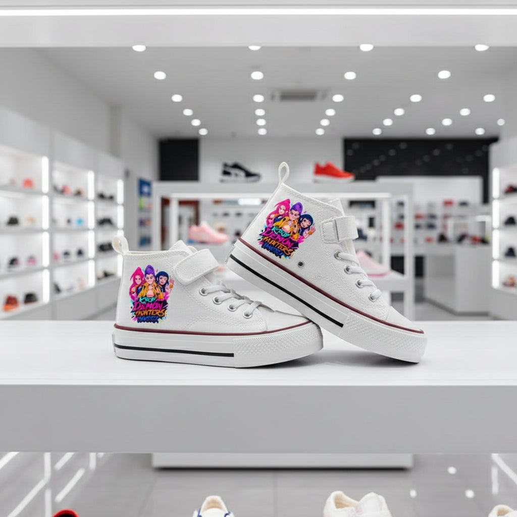 Pair of white KPop Demon Hunters canvas sneakers for kids