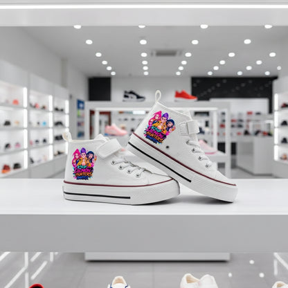 Pair of white KPop Demon Hunters canvas sneakers for kids