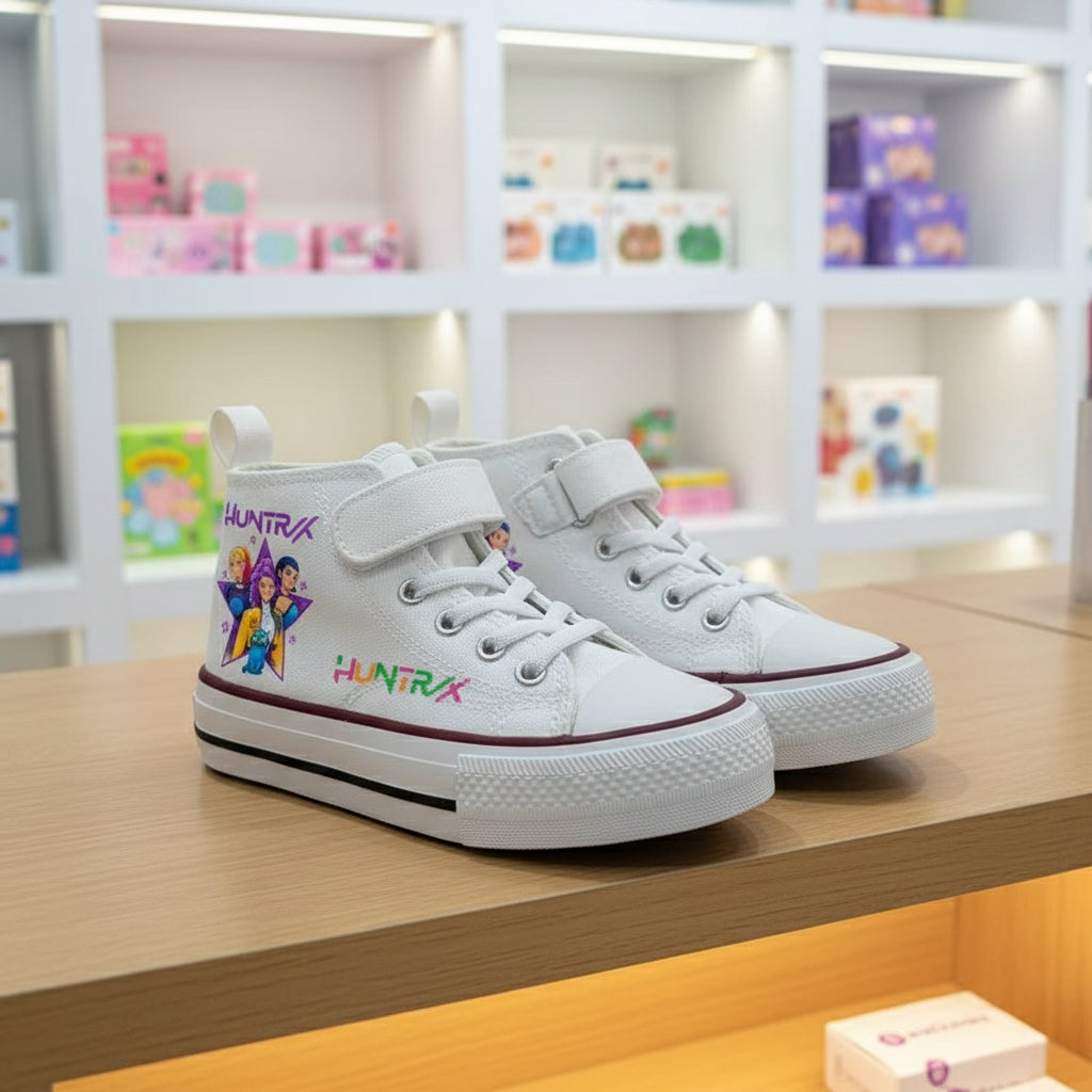 White KPop Demon Hunters high-top sneakers with strap closure for kids