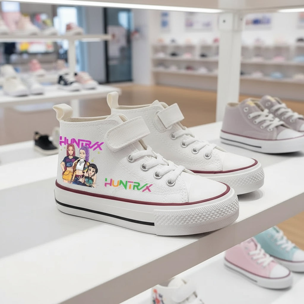 White KPop Demon Hunters sneakers with Huntrix print and strap