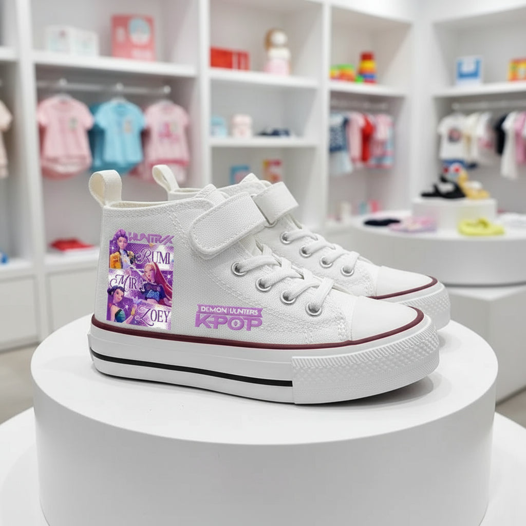 White KPop Demon Hunters kids sneakers with hook-and-loop strap