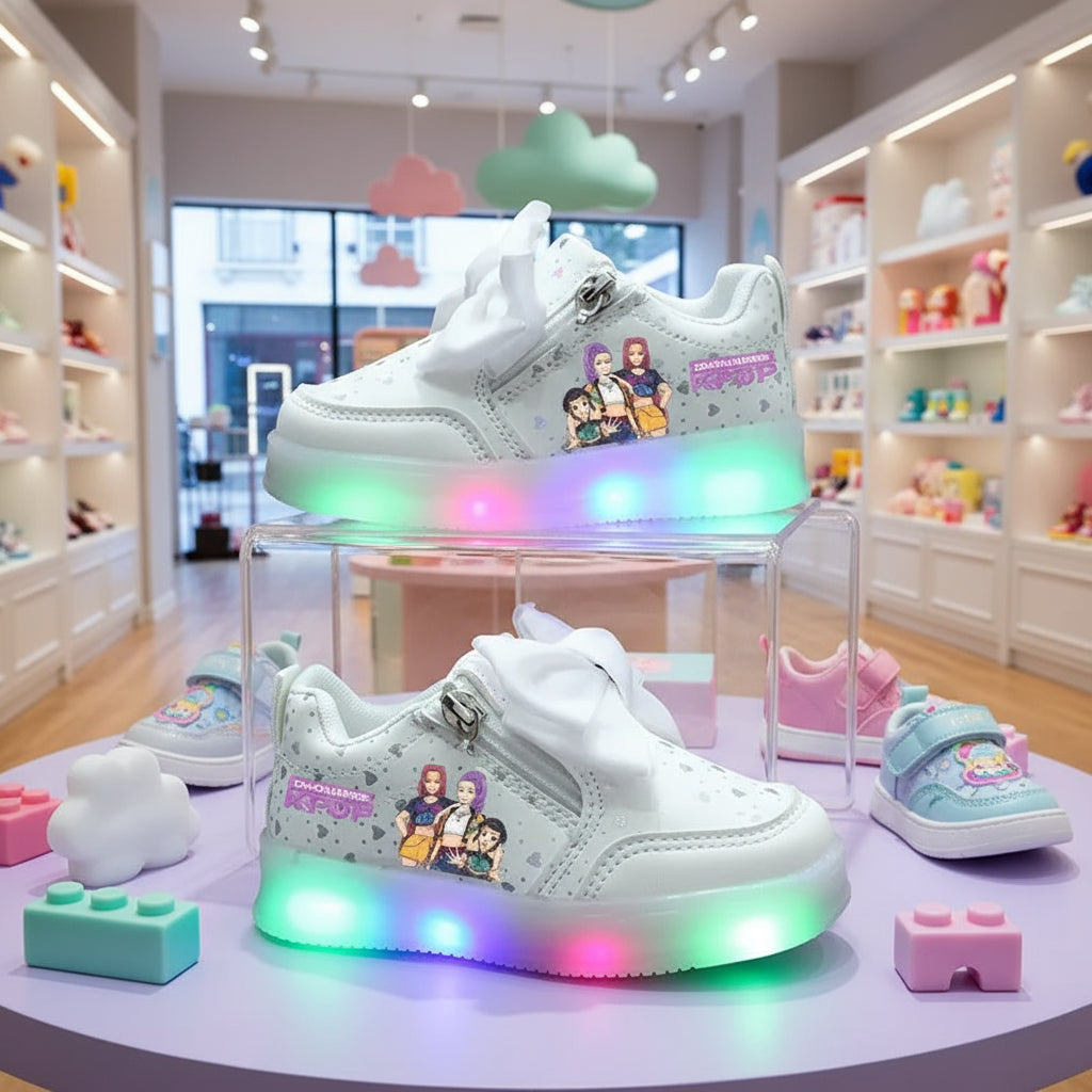 Pair of white KPop Demon Hunters light-up sneakers with colorful LED lights