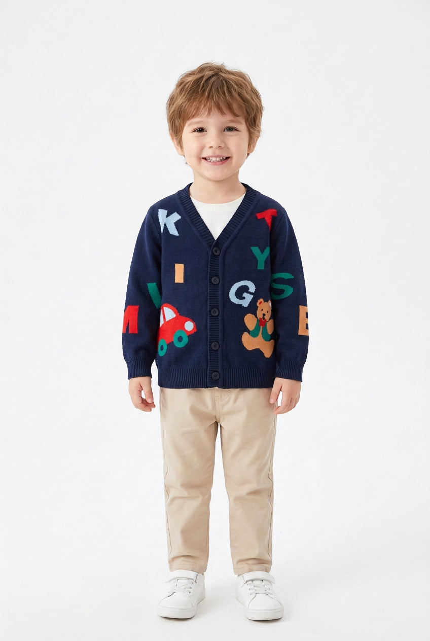 Navy blue kids' knitted cardigan with buttons, colorful letters, red car and teddy bear