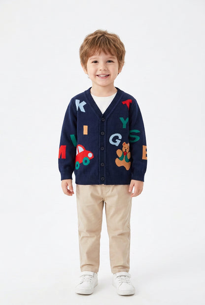 Navy blue kids' knitted cardigan with buttons, colorful letters, red car and teddy bear