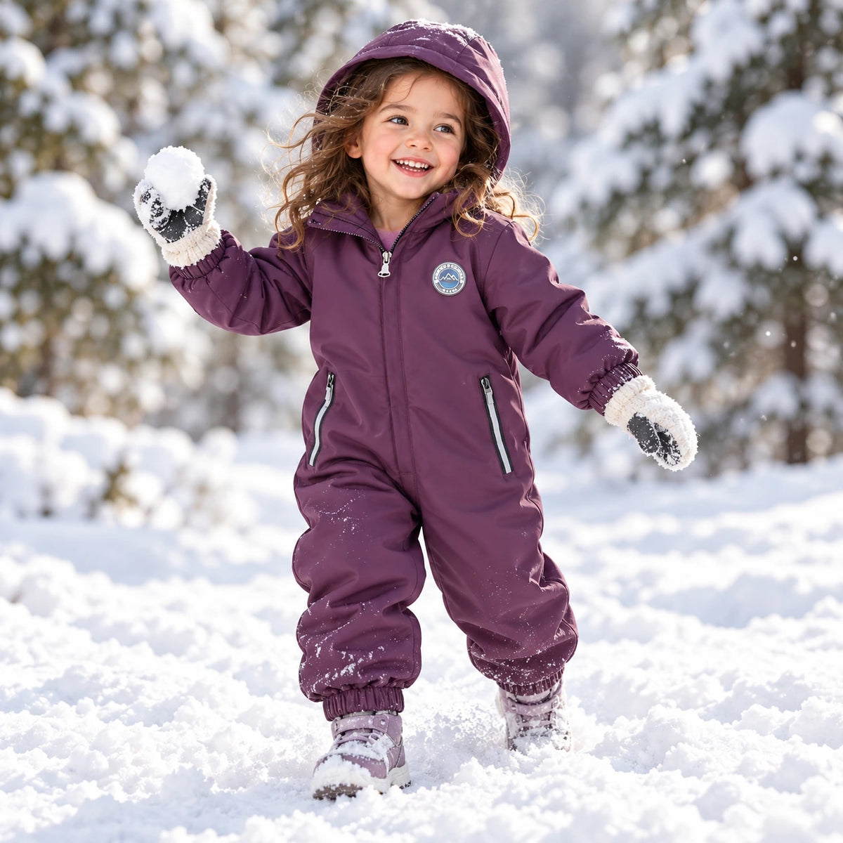 Girl playing outside in Plum Purple one-piece hooded jumpsuit