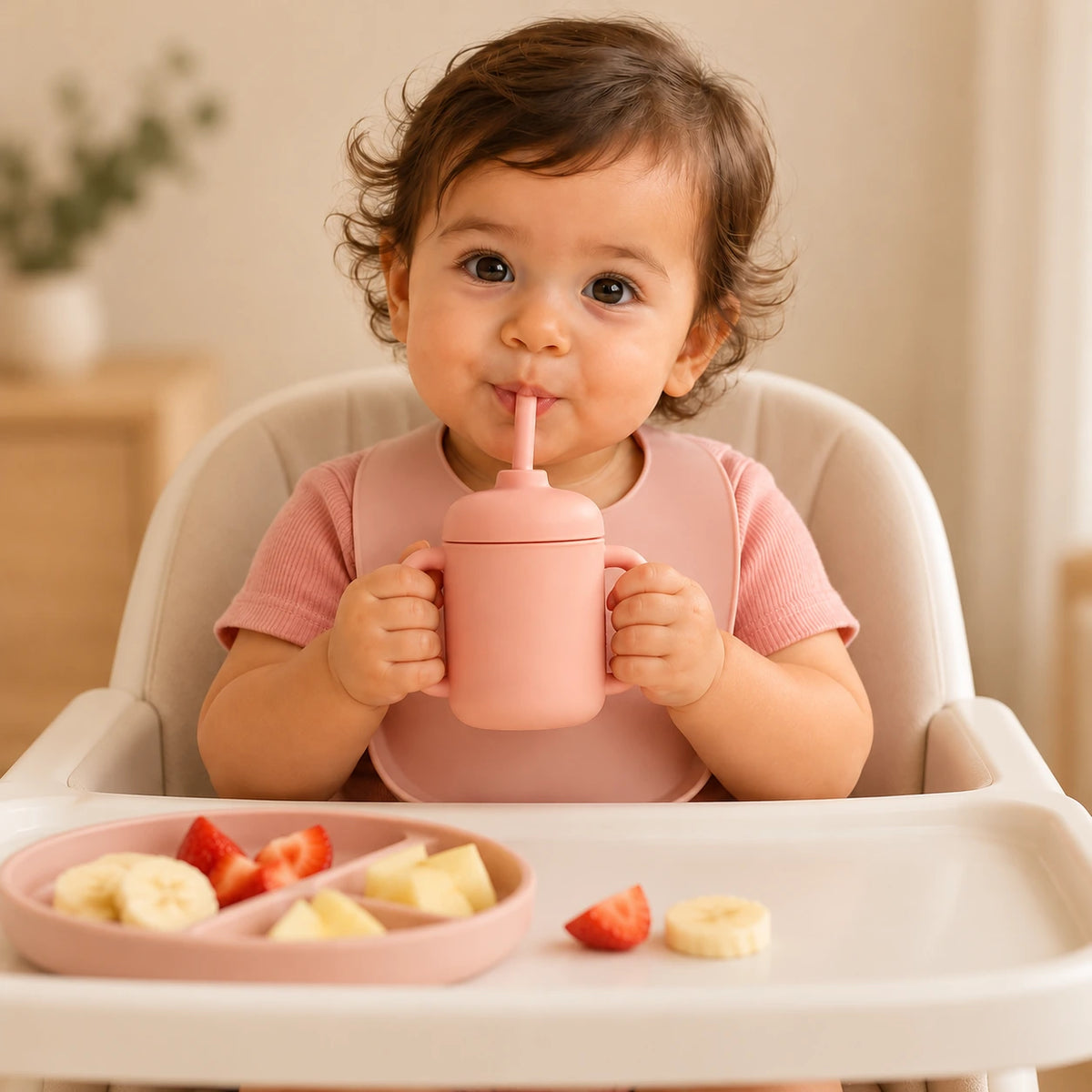 Baby in a high chair drinking from SipEase silicone sippy cup with straw and handles