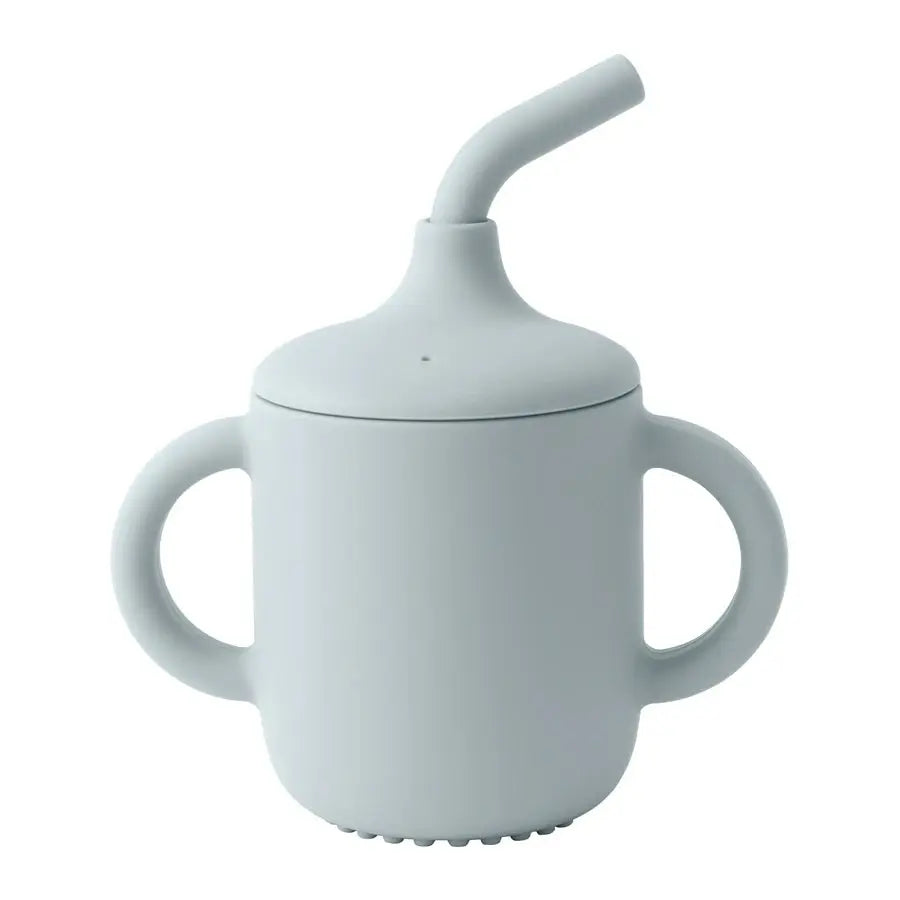SipEase silicone sippy cup with straw and handles in Grey Blue