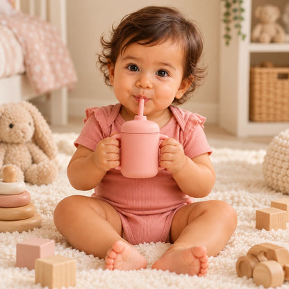 Baby drinking from pink SipEase sippy cup with soft silicone straw