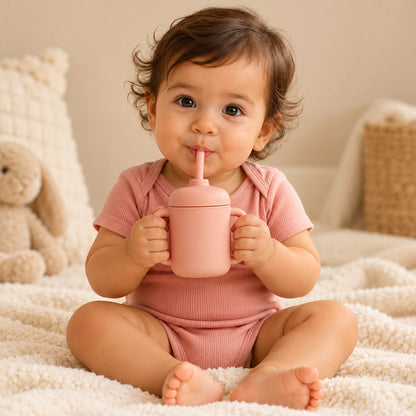 Baby holding SipEase sippy cup by its two easy-grip handles