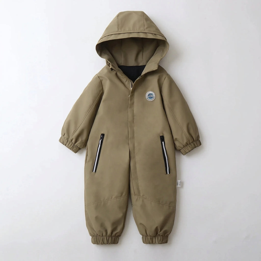Toddler one-piece hooded jumpsuit in Olive Khaki