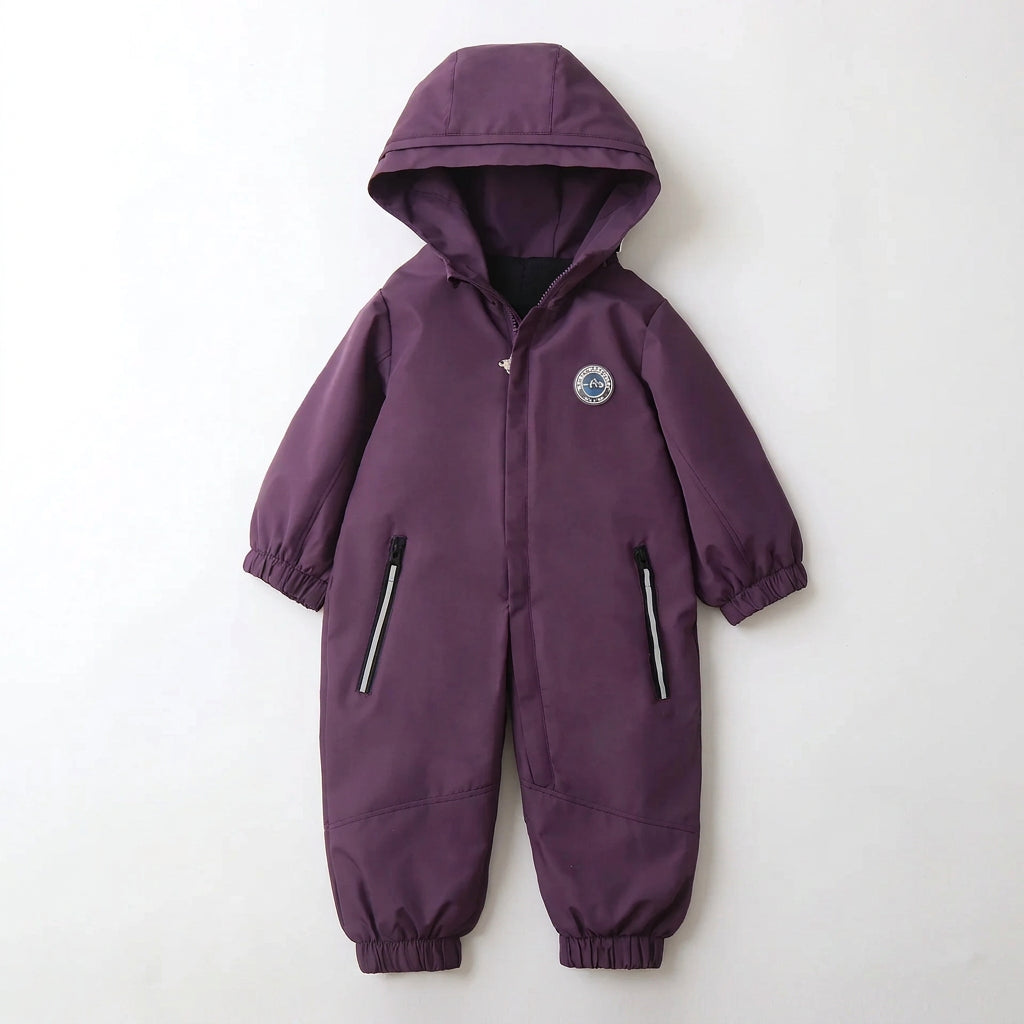 Toddler one-piece hooded jumpsuit in Plum Purple with front zip