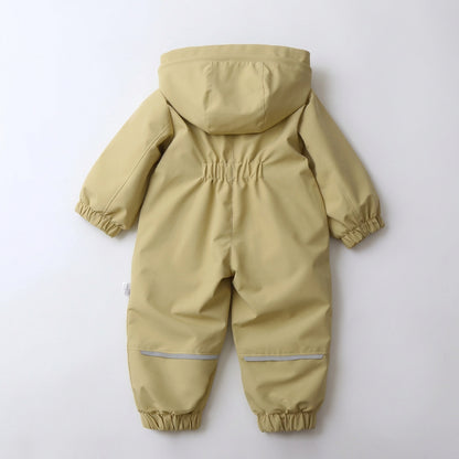 Back view of Sand Beige toddler hooded jumpsuit