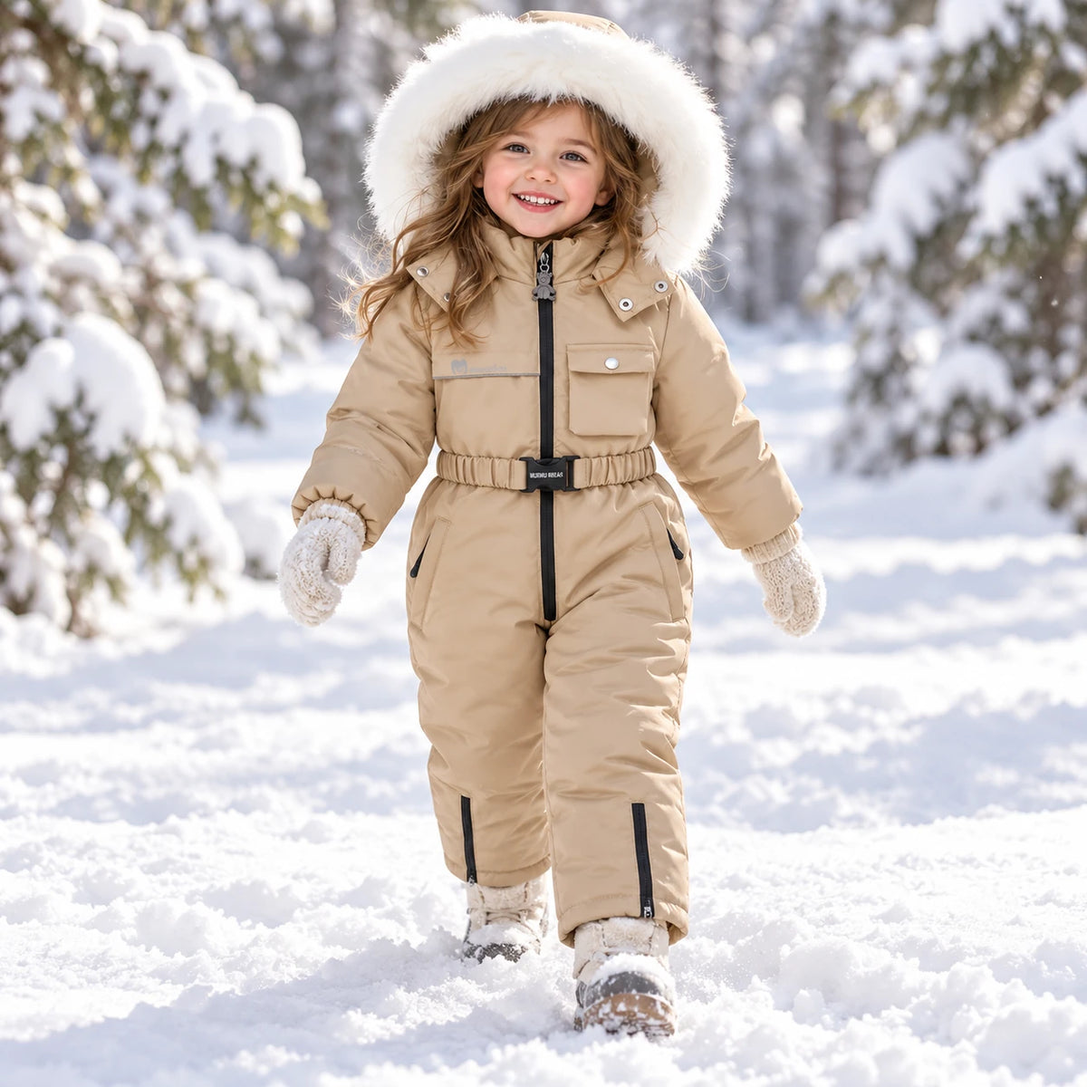 Toddler girl in beige one-piece snowsuit with faux fur hood in the snow