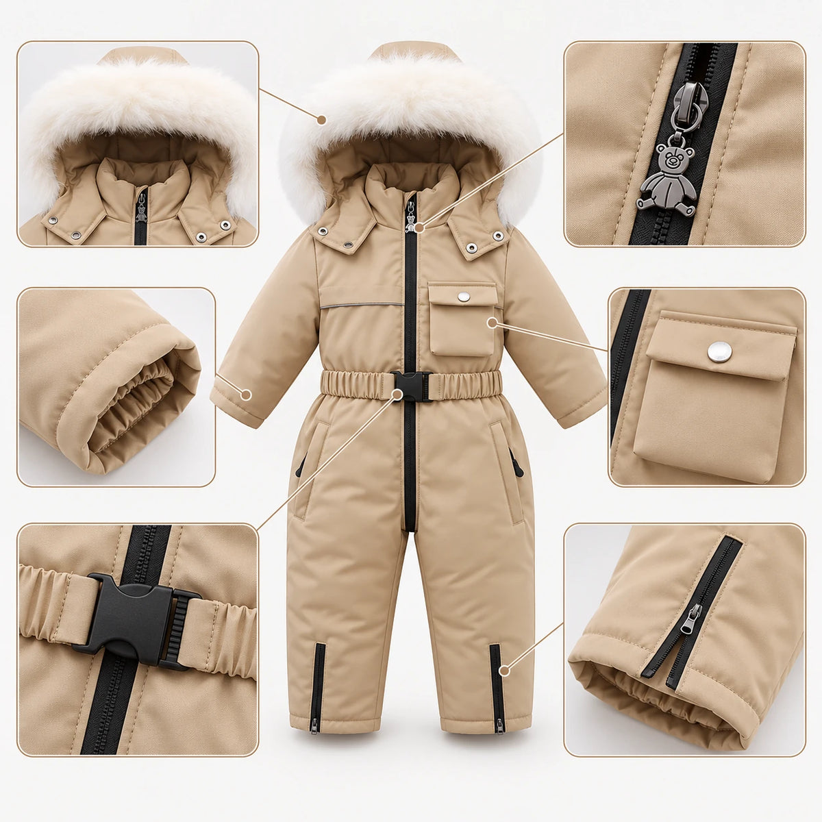 Details of toddler one-piece snowsuit: faux fur hood, front zip, pockets and cuffs