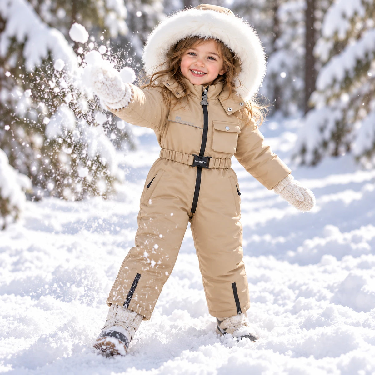 Toddler playing in the snow wearing beige one-piece snowsuit